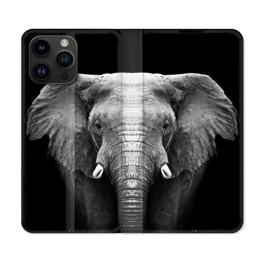 Housse Cuir Portefeuille Pour Iphone 15 Pro (6,1) Animal Elephant Noir