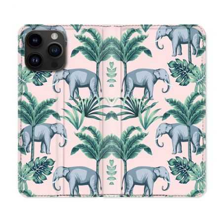 Housse Cuir Portefeuille Pour Iphone 15 Pro (6,1) Animal Elephant Pattern