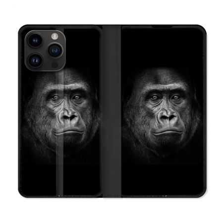 Housse Cuir Portefeuille Pour Iphone 15 Pro (6,1) Animal Gorille Noir
