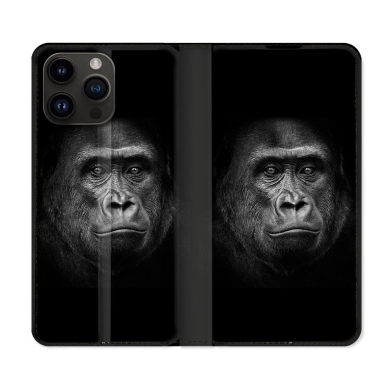 Housse Cuir Portefeuille Pour Iphone 15 Pro (6,1) Animal Gorille Noir