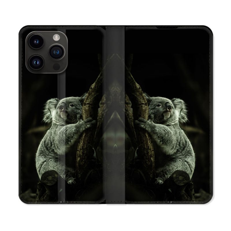 Housse Cuir Portefeuille Pour Iphone 15 Pro (6,1) Animal Koala Noir