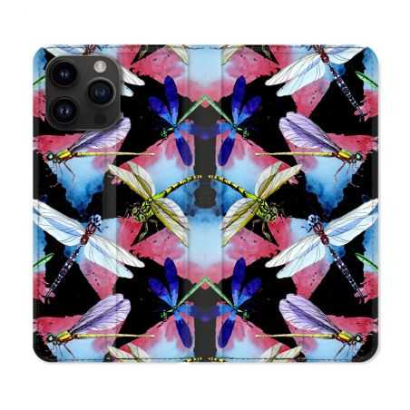 Housse Cuir Portefeuille Pour Iphone 15 Pro (6,1) Animal Libellule