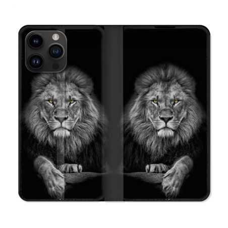 Housse Cuir Portefeuille Pour Iphone 15 Pro (6,1) Animal Lion Majestueux