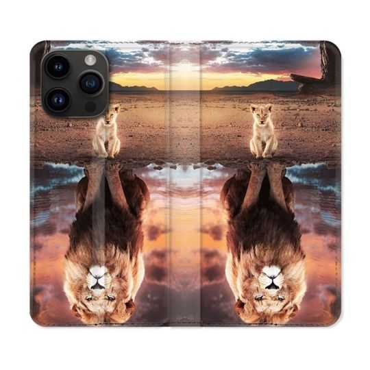 Housse Cuir Portefeuille Pour Iphone 15 Pro (6,1) Animal Lion Reflet