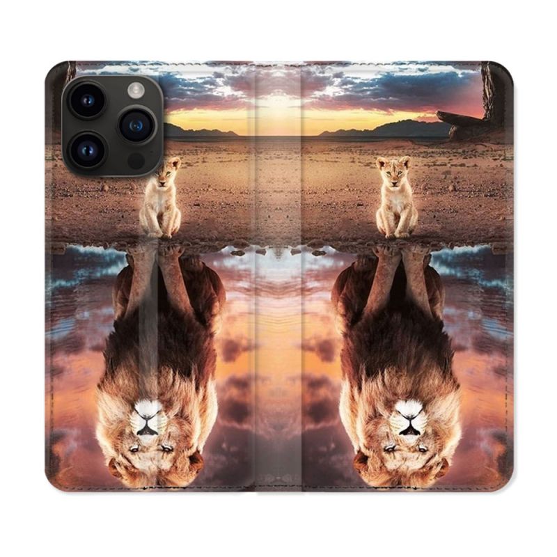 Housse Cuir Portefeuille Pour Iphone 15 Pro (6,1) Animal Lion Reflet
