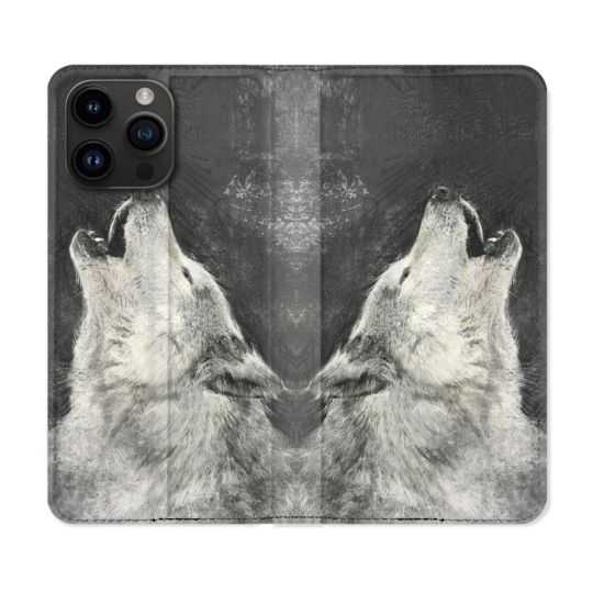 Housse Cuir Portefeuille Pour Iphone 15 Pro (6,1) Animal Loup Hurlement