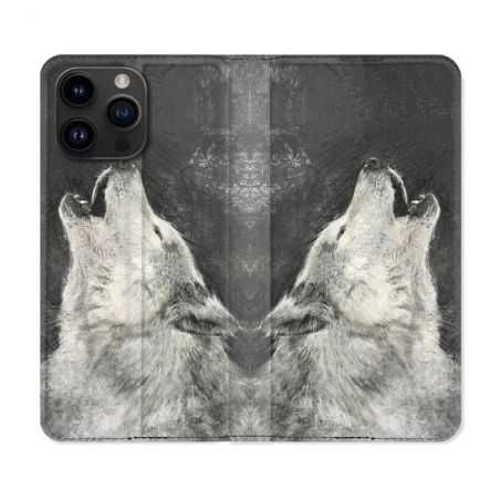 Housse Cuir Portefeuille Pour Iphone 15 Pro (6,1) Animal Loup Hurlement