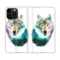 Housse Cuir Portefeuille Pour Iphone 15 Pro (6,1) Animal Loup Montagne