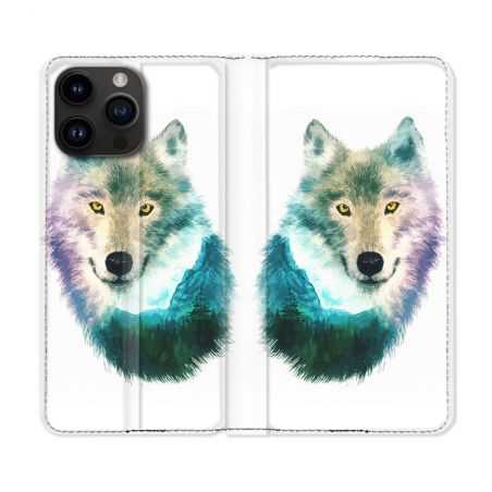 Housse Cuir Portefeuille Pour Iphone 15 Pro (6,1) Animal Loup Montagne