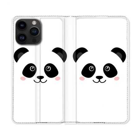 Housse Cuir Portefeuille Pour Iphone 15 Pro (6,1) Animal Panda Blanc