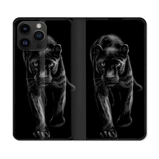 Housse Cuir Portefeuille Pour Iphone 15 Pro (6,1) Animal Panthère Noire
