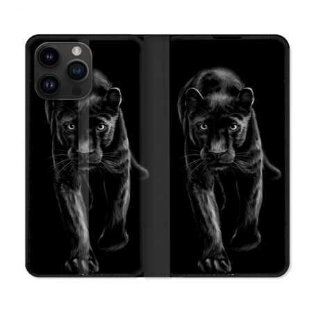 Housse Cuir Portefeuille Pour Iphone 15 Pro (6,1) Animal Panthère Noire