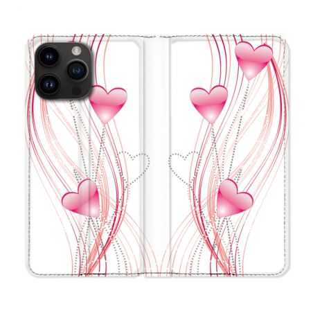 Housse Cuir Portefeuille Pour Iphone 15 Pro Plus (6,7) Amour Coeur Rose Montant sur Blanc