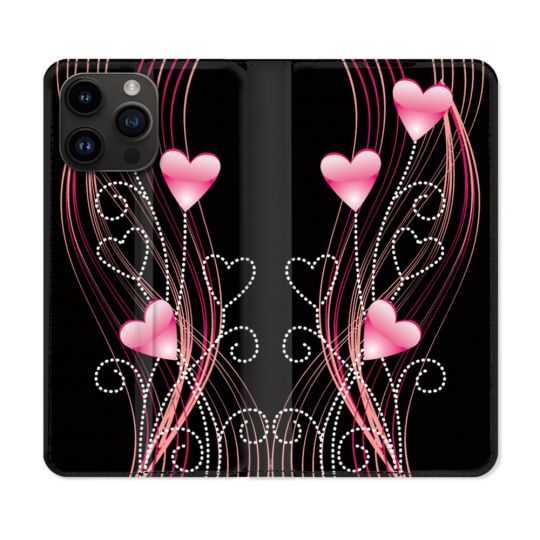 Housse Cuir Portefeuille Pour Iphone 15 Pro Plus (6,7) Amour Coeur Rose Montant sur Noir