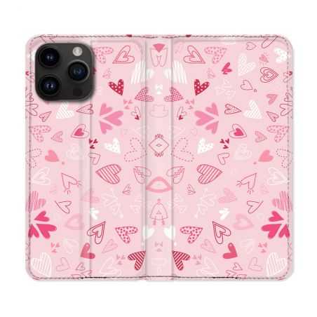 Housse Cuir Portefeuille Pour Iphone 15 Pro Plus (6,7) Amour Ptis Coeurs