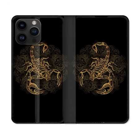 Housse Cuir Portefeuille Pour Iphone 15 Pro (6,1) Animal Scorpion Fresque
