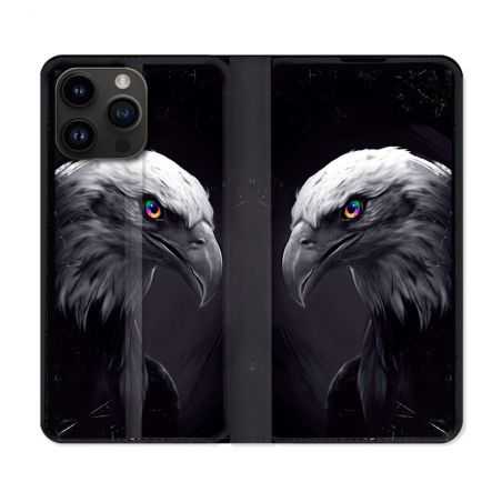 Housse Cuir Portefeuille Pour Iphone 15 Pro Plus (6,7) Animal Aigle Royal Noir