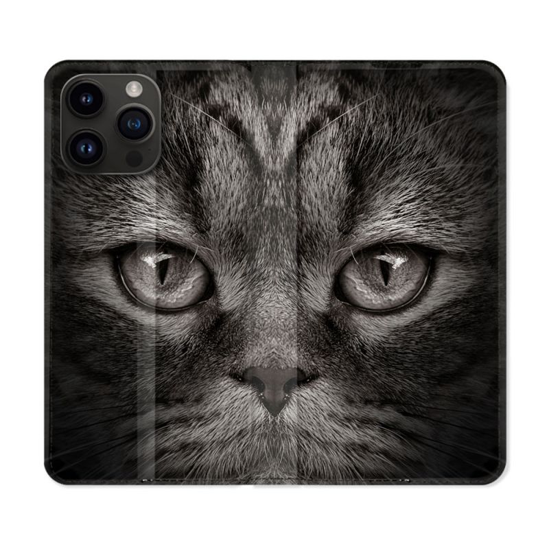 Housse Cuir Portefeuille Pour Iphone 15 Pro Plus (6,7) Animal Chat Gris
