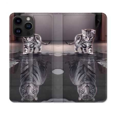 Housse Cuir Portefeuille Pour Iphone 15 Pro Plus (6,7) Animal Chat Reflet