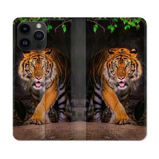 Housse Cuir Portefeuille Pour Iphone 15 Pro (6,1) Animal Tigre Jungle
