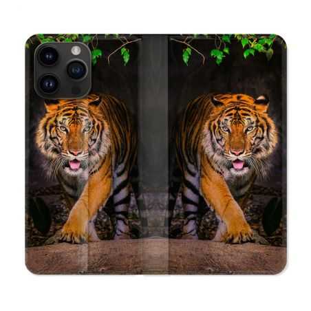 Housse Cuir Portefeuille Pour Iphone 15 Pro (6,1) Animal Tigre Jungle