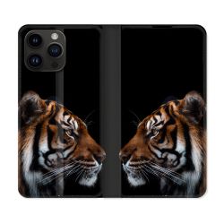 Housse Cuir Portefeuille Pour Iphone 15 Pro (6,1) Animal Tigre Noir