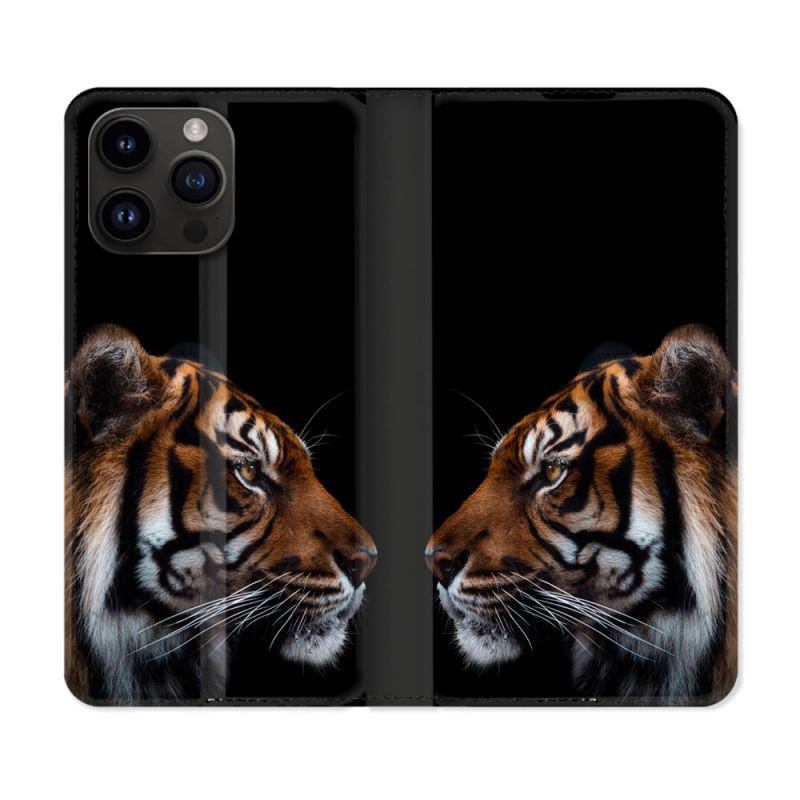 Housse Cuir Portefeuille Pour Iphone 15 Pro (6,1) Animal Tigre Noir