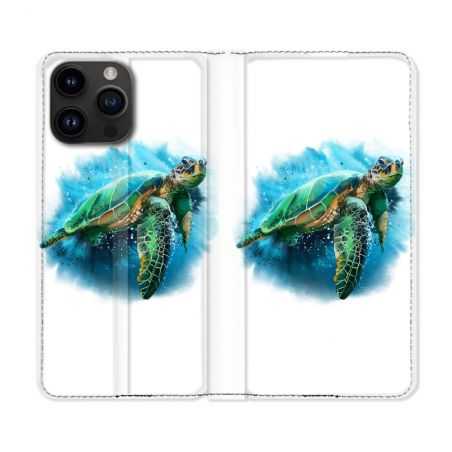 Housse Cuir Portefeuille Pour Iphone 15 Pro (6,1) Animal Tortue Blanche multicolore