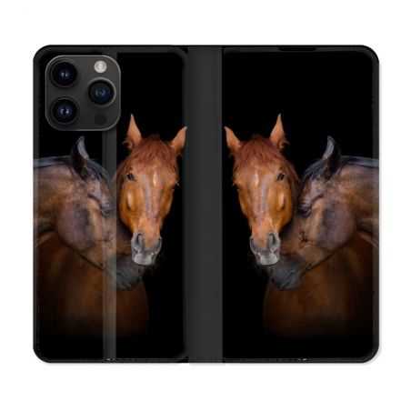 Housse Cuir Portefeuille Pour Iphone 15 Pro Plus (6,7) Animal Cheval Marron