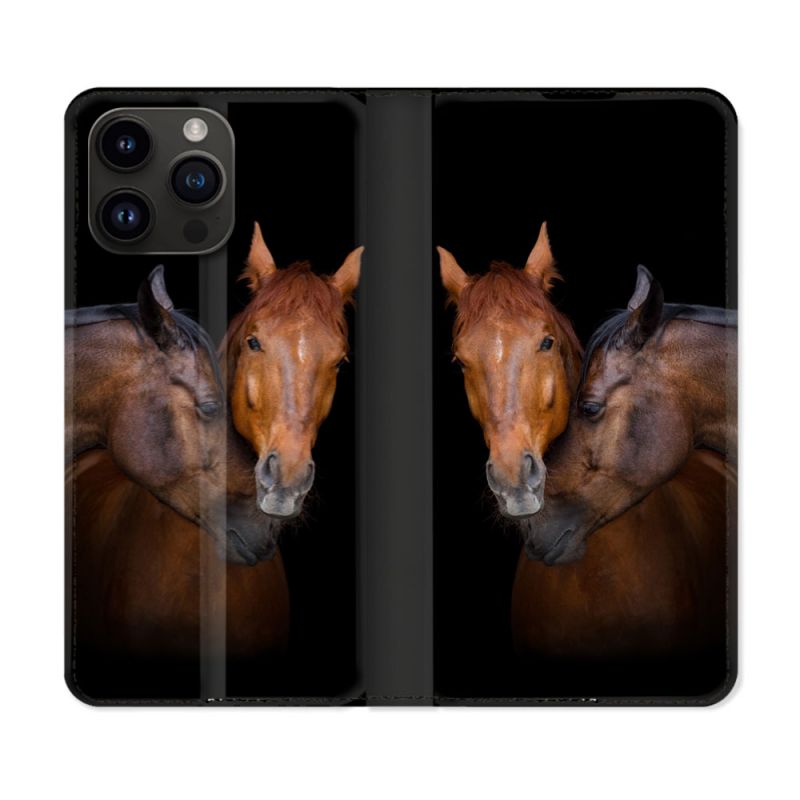 Housse Cuir Portefeuille Pour Iphone 15 Pro Plus (6,7) Animal Cheval Marron