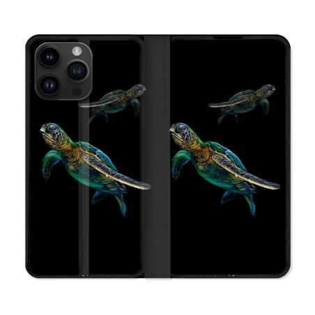 Housse Cuir Portefeuille Pour Iphone 15 Pro (6,1) Animal Tortue Noire multicolore