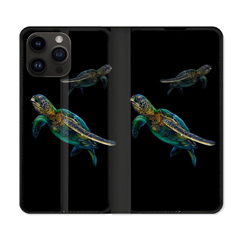Housse Cuir Portefeuille Pour Iphone 15 Pro (6,1) Animal Tortue Noire multicolore