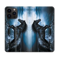 Housse Cuir Portefeuille Pour Iphone 15 Pro Plus (6,7) Animal Cheval Noir