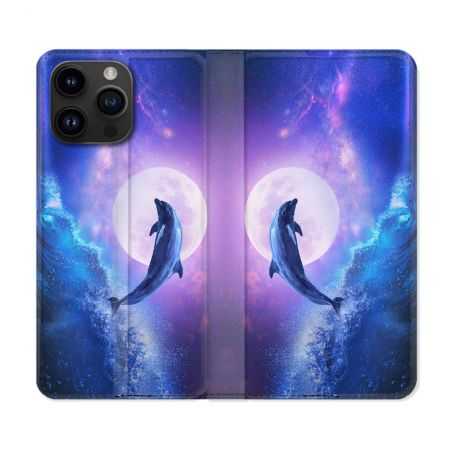 Housse Cuir Portefeuille Pour Iphone 15 Pro Plus (6,7) Animal Dauphin Vague