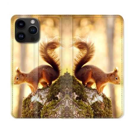 Housse Cuir Portefeuille Pour Iphone 15 Pro Plus (6,7) Animal Ecureuil Bois