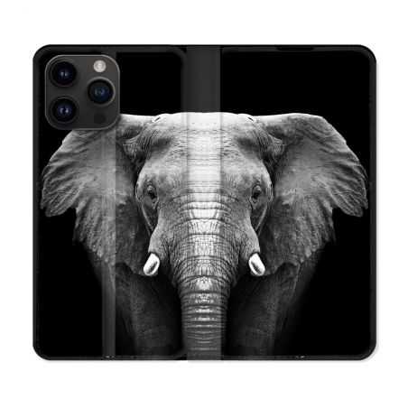 Housse Cuir Portefeuille Pour Iphone 15 Pro Plus (6,7) Animal Elephant Noir