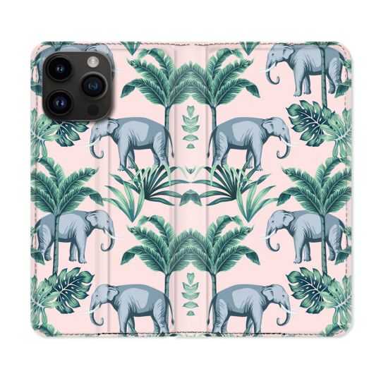 Housse Cuir Portefeuille Pour Iphone 15 Pro Plus (6,7) Animal Elephant Pattern