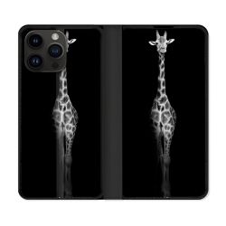 Housse Cuir Portefeuille Pour Iphone 15 Pro Plus (6,7) Animal Girafe Noire
