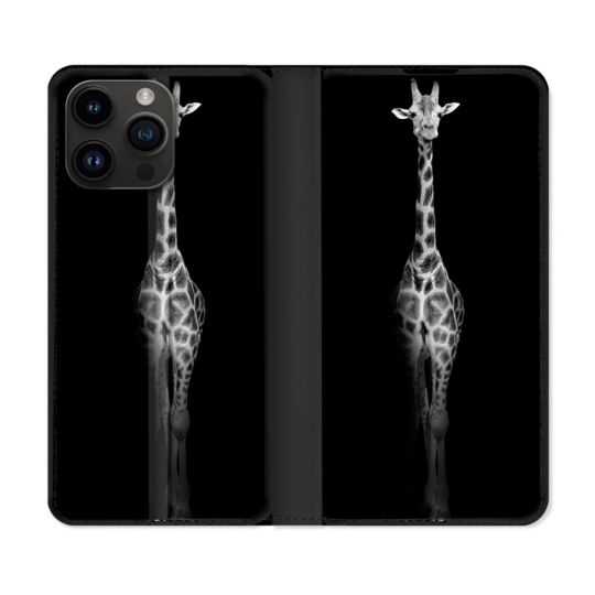 Housse Cuir Portefeuille Pour Iphone 15 Pro Plus (6,7) Animal Girafe Noire