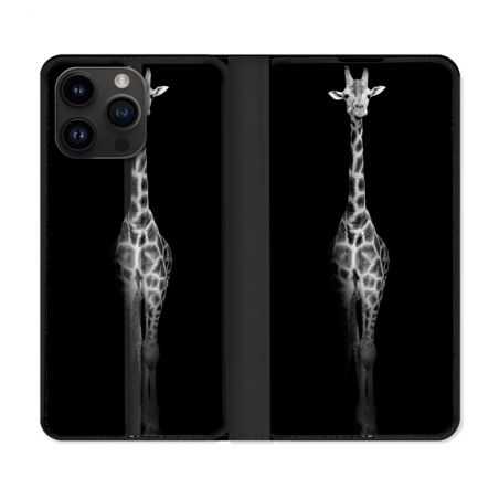 Housse Cuir Portefeuille Pour Iphone 15 Pro Plus (6,7) Animal Girafe Noire