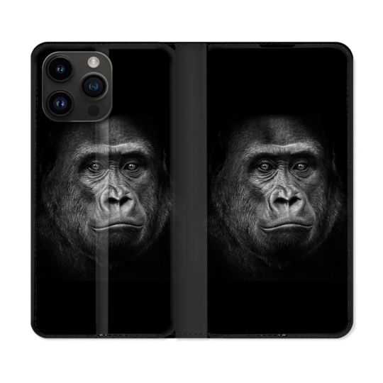 Housse Cuir Portefeuille Pour Iphone 15 Pro Plus (6,7) Animal Gorille Noir