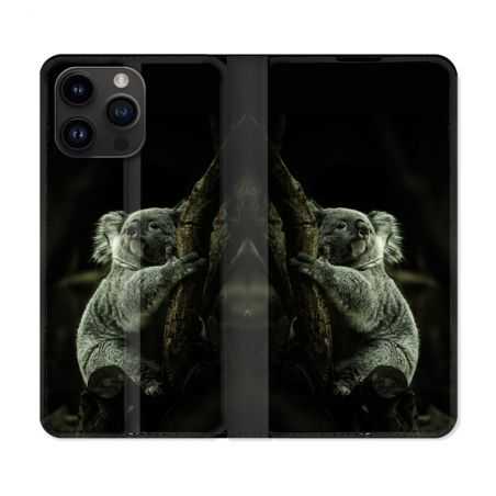 Housse Cuir Portefeuille Pour Iphone 15 Pro Plus (6,7) Animal Koala Noir