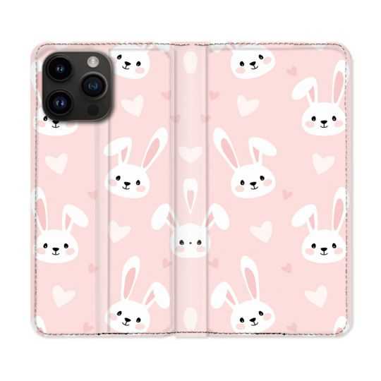 Housse Cuir Portefeuille Pour Iphone 15 Pro Plus (6,7) Animal Lapin Rose
