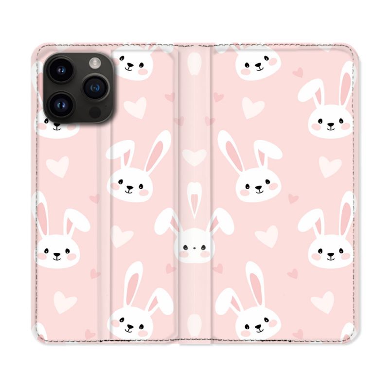 Housse Cuir Portefeuille Pour Iphone 15 Pro Plus (6,7) Animal Lapin Rose