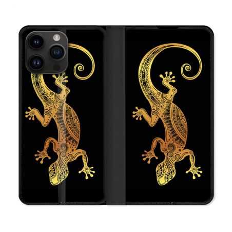 Housse Cuir Portefeuille Pour Iphone 15 Pro Plus (6,7) Animal Lezard Noir