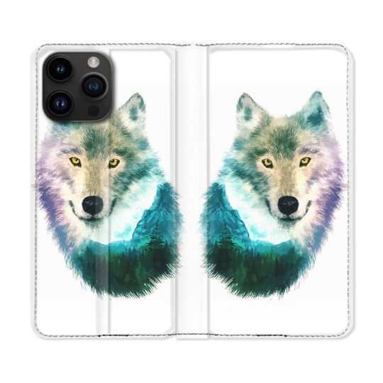Housse Cuir Portefeuille Pour Iphone 15 Pro Plus (6,7) Animal Loup Montagne