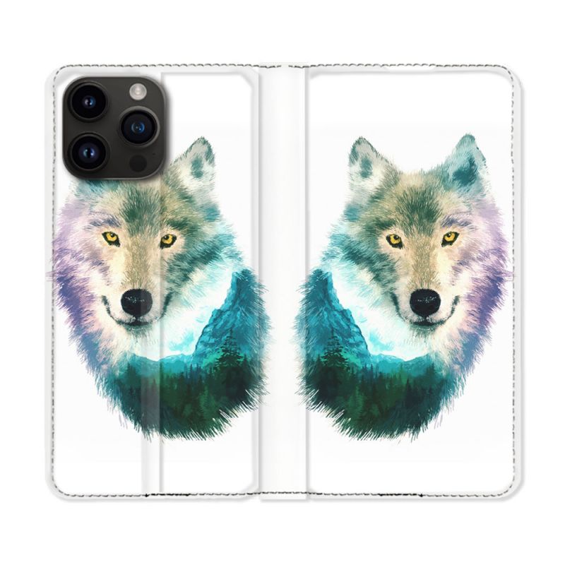 Housse Cuir Portefeuille Pour Iphone 15 Pro Plus (6,7) Animal Loup Montagne
