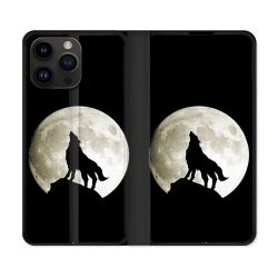 Housse Cuir Portefeuille Pour Iphone 15 Pro Plus (6,7) Animal Loup Noir