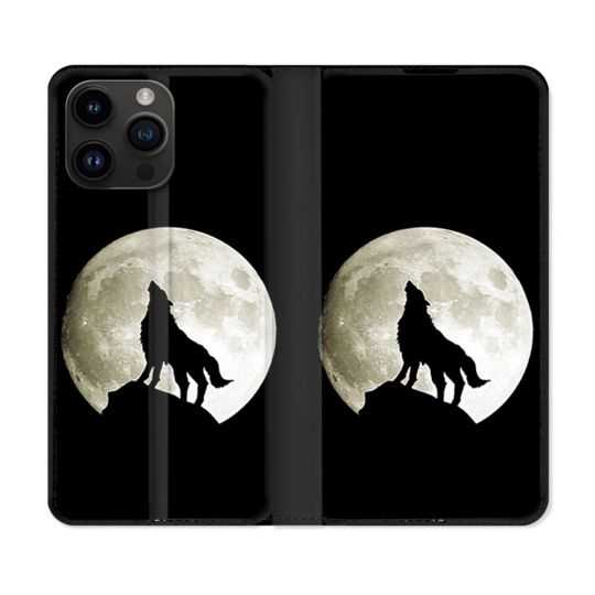 Housse Cuir Portefeuille Pour Iphone 15 Pro Plus (6,7) Animal Loup Noir