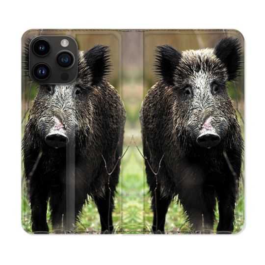 Housse Cuir Portefeuille Pour Iphone 15 Pro (6,1) Chasse Sanglier bois